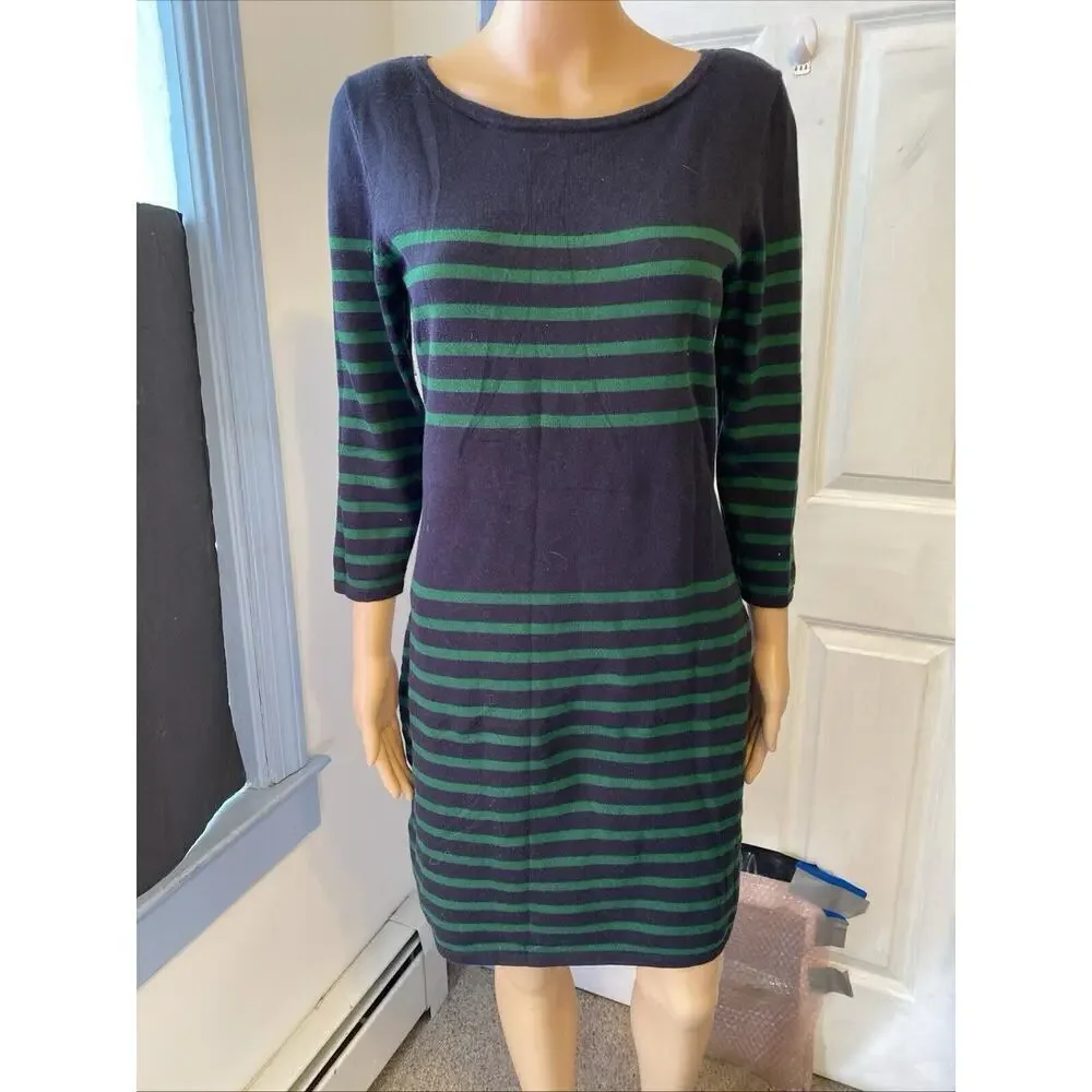 Michael Kors Knit Sweater Dress Green Blue Stripes Size M/L Mini 3/4 Sleeves